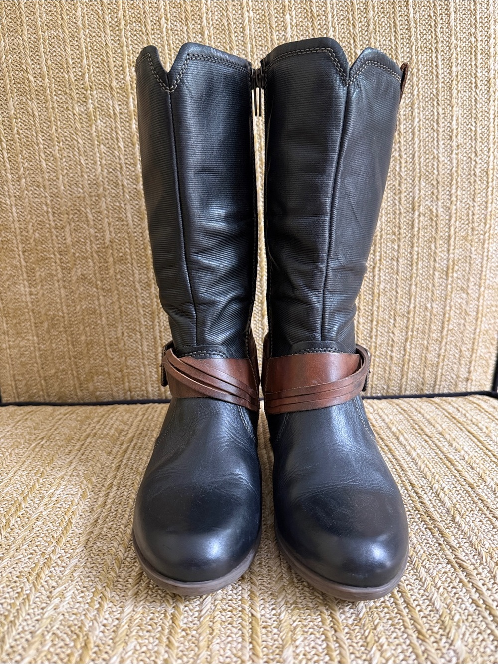 PIKOLINOS Black Tall Leather Boots with Brown Wrap Strap Size 37